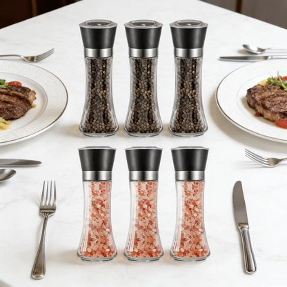 Premium 6 Pack Salt and Pepper Grinder Set Glass Body Condiment Mills with Adjustable Coarseness for Himalayan Pink Salt Peppercorns 200ml Capacity