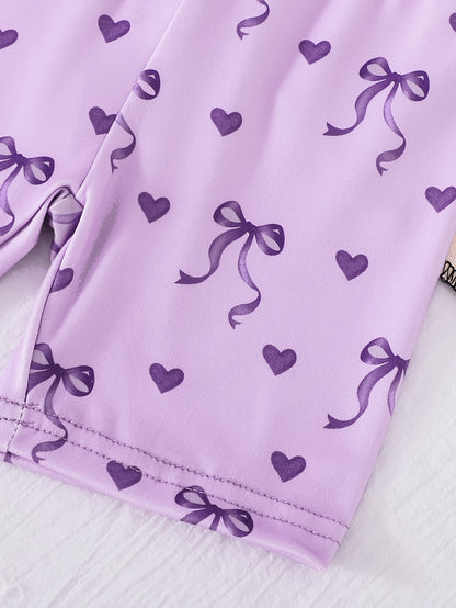 2pcs Set of Casual Loose-fitting Round-neck Short-sleeve T-shirt and Shorts for Girls Aged 1-6, Featuring Cute Heart and Bowknot Prints, Suitable for Daily Wear, Outings, Home, and School in Spring and Summer, Perfect for Outdoor