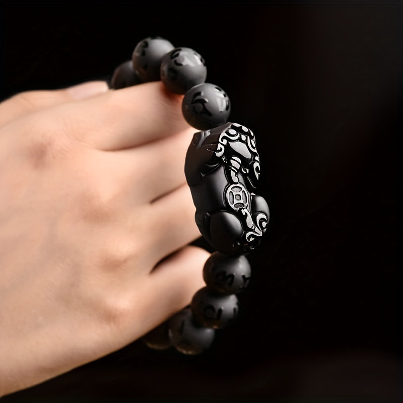 Obsidian Pixiu Six-Character Mantra Bracelet for Men, Frosted Six-Character Mantra Beads Single Circle Ornament Bracelet