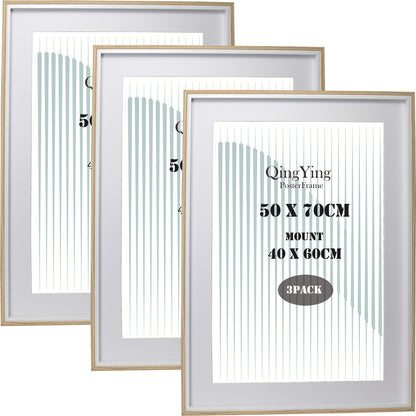 Gallery Poster 50x70cm Boxed Picture Frames Set Of 3 Wooden Effect Box Frame with Mat for 40x60cm, 70X50cm Poster Frame with Acid Free Mount for 40x60cm Photo 3PK