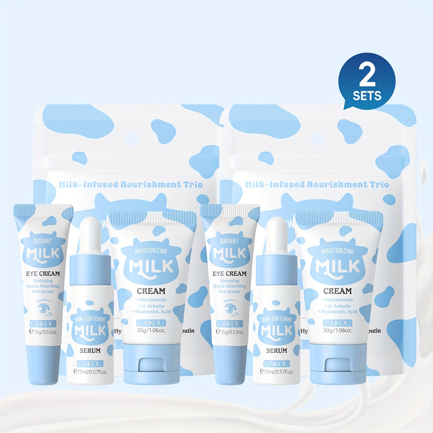 LAIKOU Milk Glowing Skincare Set, with Radiance Serum Day Night Moisturizer, Gentle Eye Cream, Travel Kit, Infused with Hyaluronic Acid, Shea Butter, Vitamin E