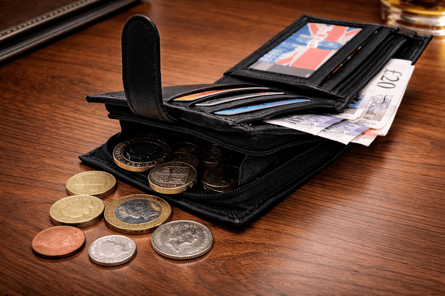 Mens Genuine Leather Wallet Black RFID Blocking Soft Bi Fold Card Slots Id Window and Zip Coin Pocket