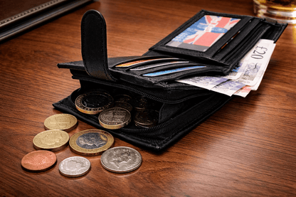 Mens Genuine Leather Wallet Black RFID Blocking Soft Bi Fold Card Slots Id Window and Zip Coin Pocket
