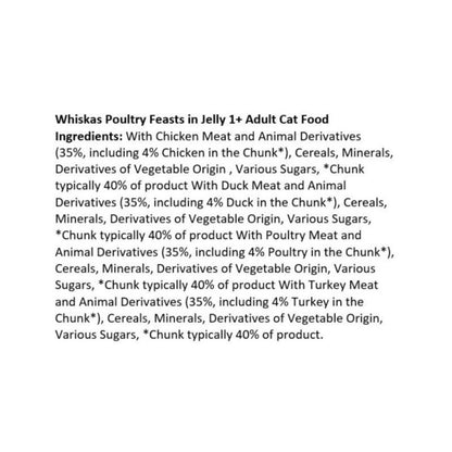 Whiskas Poultry Feasts in Jelly Adult Cat Food 40x85g | Variety Pack 10x Chicken, 10x Duck, 10x Poultry, 10x Turkey | Wet Cat Food Pouches for Cats 1+ | Supports Skin, Coat & Muscles