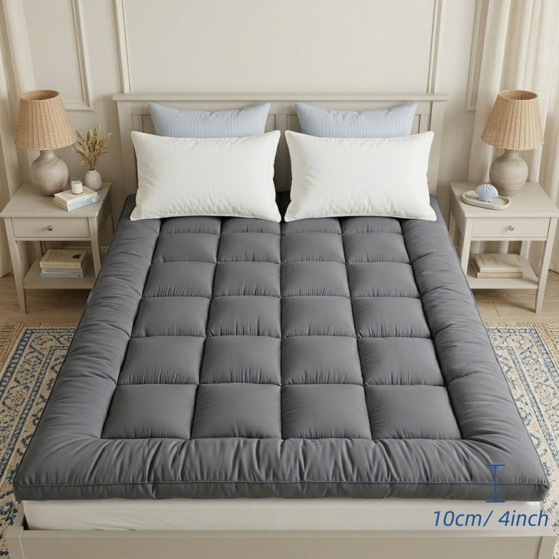 Grey Mattress Topper 4-Inch / 10cm Hotel Quality Deep Fitted Mattress Pad with Corner Elasticated Straps Quilted Box Stitch Breathable All-Season Comfort Single Double Small Double King Super King, 1000GSM Fiber Fill