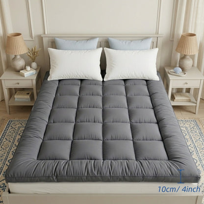 Grey Mattress Topper 4-Inch / 10cm Hotel Quality Deep Fitted Mattress Pad with Corner Elasticated Straps Quilted Box Stitch Breathable All-Season Comfort Single Double Small Double King Super King, 1000GSM Fiber Fill