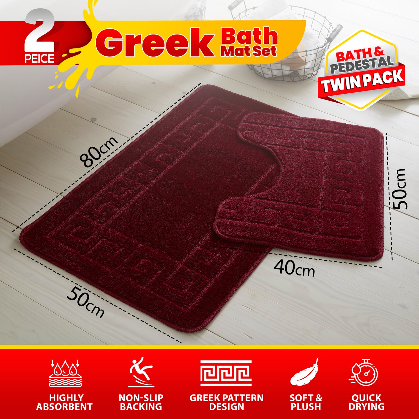 GC GAVENO CAVAILIA 2 Piece Greek Pattern Bathroom Mat Set | Soft & Plush 100% Polyester Bath Mat and Pedestal Rug | Non-Slip Backing, Highly Absorbent, Quick Drying |Machine Washable Bathroom Rugs | Ideal for Everyday Use | LOCAL WAREHOUSE | UK BRAND