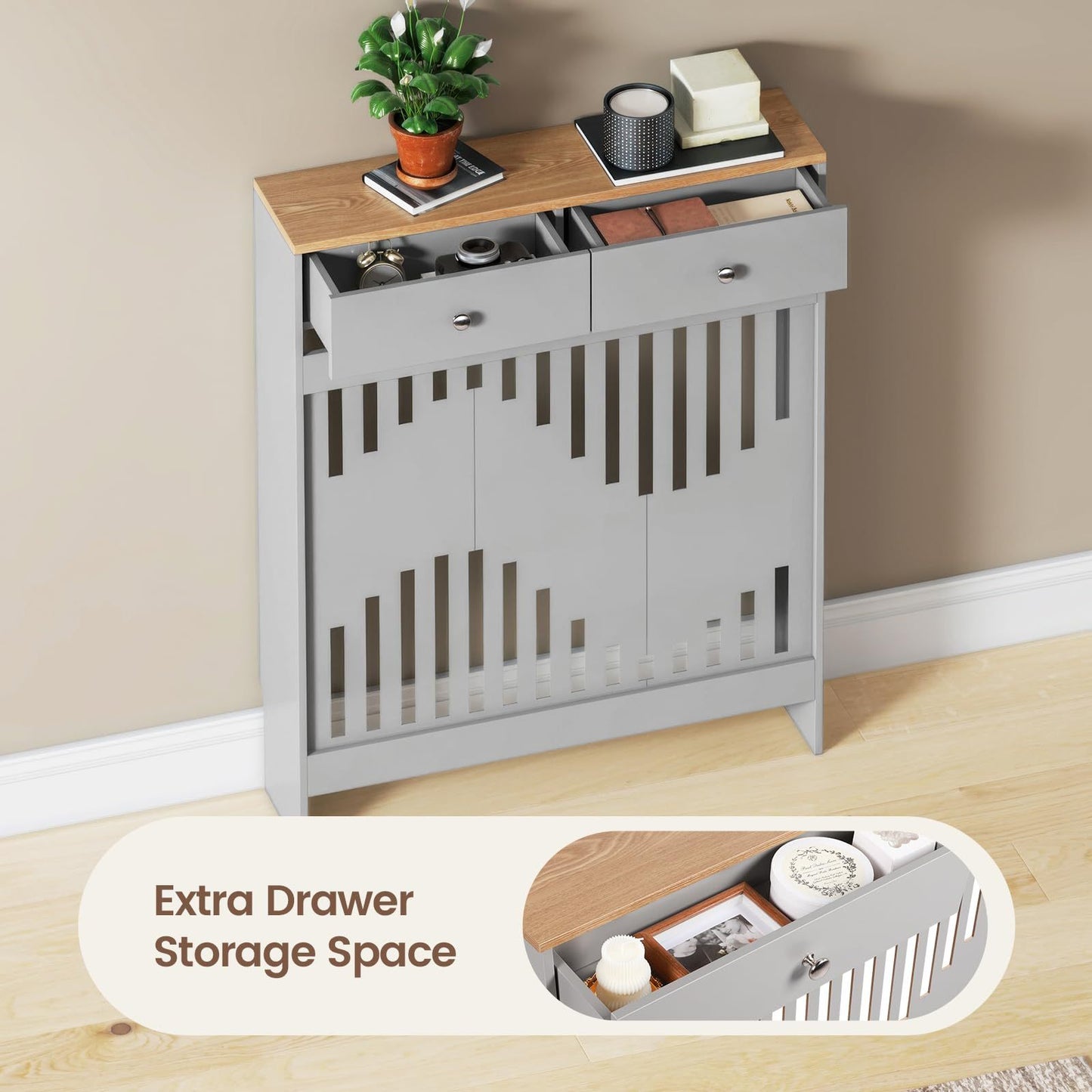 Modern White MDF Wood Radiator Cover with Drawers - Contemporary Style, Great Choice for Living Room, Bedroom, Hallway, Suitable for Placing Decorative Items and Storing Small Objects.