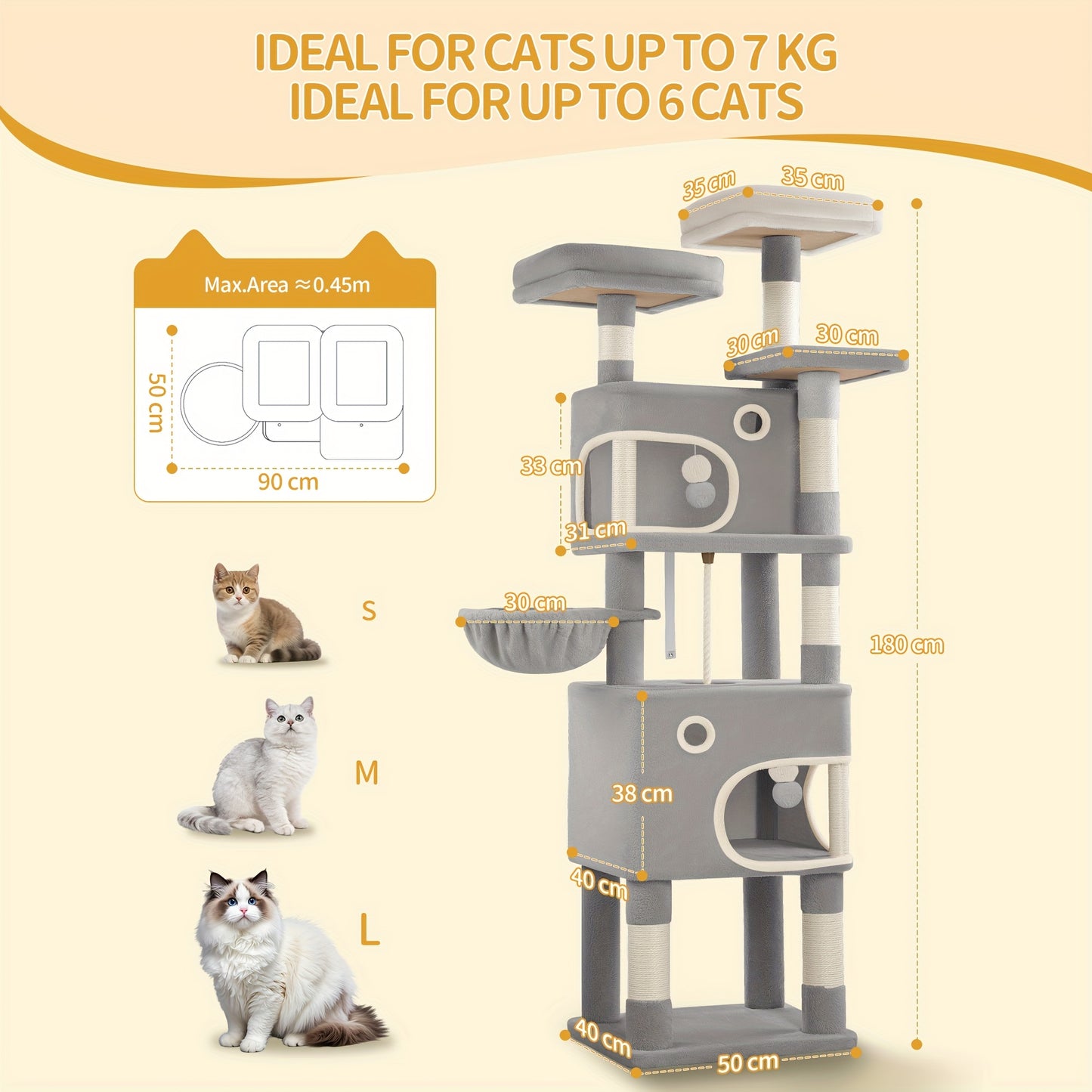 [Multi-Level Cat Tree] HZUANERI 180cm Multi-Level Cat Tree | 8 Scratching Posts, 3 Platforms, 2 Dens, Basket & Plush Balls - Durable Sisal Rope for Indoor Cats of All Sizes, Space-Saving Design for Climbing, Resting & Play, Cat Climbing Tower, Pet Activit