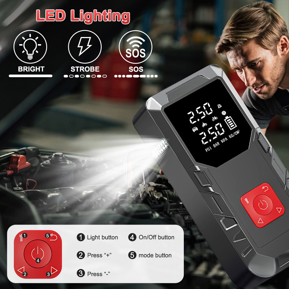 Car Jump Starter & Tyre Inflator 150PSI, Emergency Kit for All Petrol & Diesel Cars, Portable Tyre Inflator with LED Light, 12V Power Bank for Phone Charging, Emergency Battery Booster for Petrol/Diesel Engines, Essential for Travel, Camping & Winter Driv