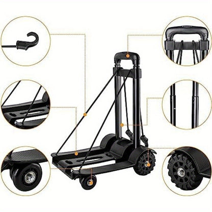 Heavy Duty Folding Hand Truck 75kg/170lbs Capacity Folding Dolly Cart with Rubber Wheels Adjustable Height, Noiseless All-Terrain Trolley with Sturdy Steel Frame & Tubeless Rubber Wheels, Foldable Design with Ergonomic Handle & Free Bungee Cord for Moving
