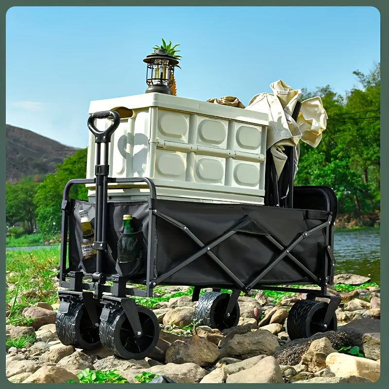 Heavy-Duty 199.58KG Capacity Collapsible Utility Wagon with All-Terrain Tank Brake Wheels, Foldable Steel Frame Beach Cart for Camping, Picnics, Garden & Urban Agriculture - No Power Needed, Foldable Beach Wagon, Picnic Accessories Hauling, Sleek Rugged D