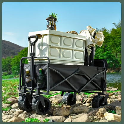 Heavy-Duty 199.58KG Capacity Collapsible Utility Wagon with All-Terrain Tank Brake Wheels, Foldable Steel Frame Beach Cart for Camping, Picnics, Garden & Urban Agriculture - No Power Needed, Foldable Beach Wagon, Picnic Accessories Hauling, Sleek Rugged D
