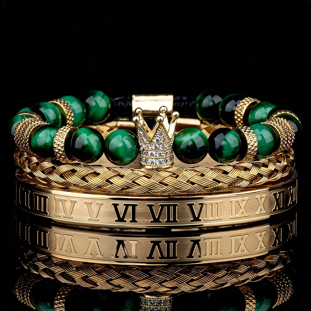 Men's Adjustable Bracelet - Casual Style, Stainless Steel with Gun Black Plating & Synthetic Zirconia - All Season Wear | Roman Crown Charm Design | Ideal for Daily Wear & Gifting