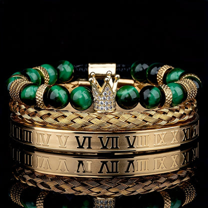 Men's Adjustable Bracelet - Casual Style, Stainless Steel with Gun Black Plating & Synthetic Zirconia - All Season Wear | Roman Crown Charm Design | Ideal for Daily Wear & Gifting