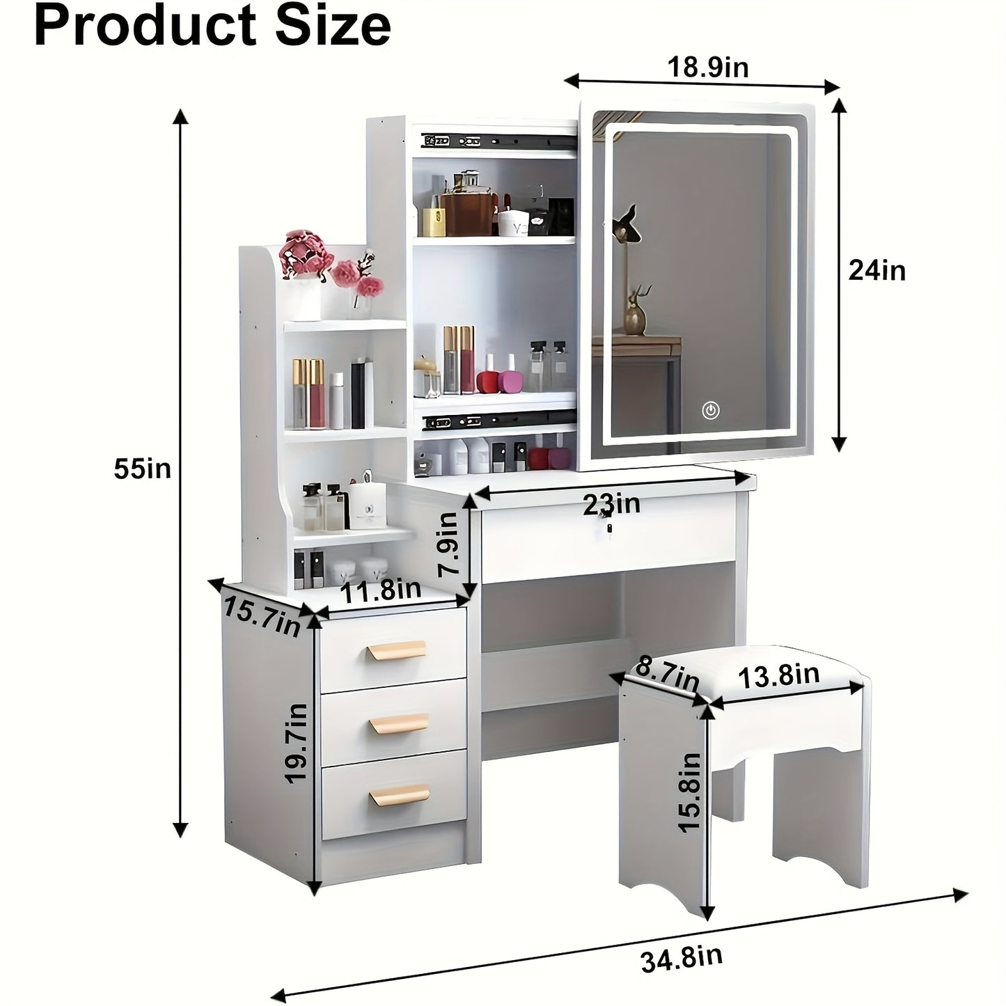 Modern Vanity Table With LED Mirror, 4 Drawers & Cushioned Stool White Makeup Desk For Bedroom