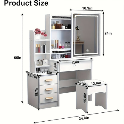 Modern Vanity Table With LED Mirror, 4 Drawers & Cushioned Stool White Makeup Desk For Bedroom