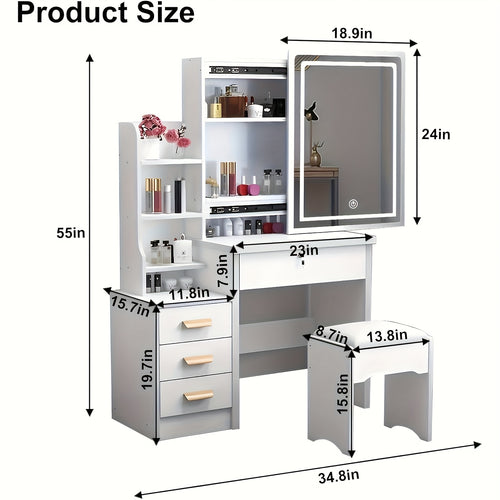 Modern Vanity Table With LED Mirror, 4 Drawers & Cushioned Stool White Makeup Desk For Bedroom