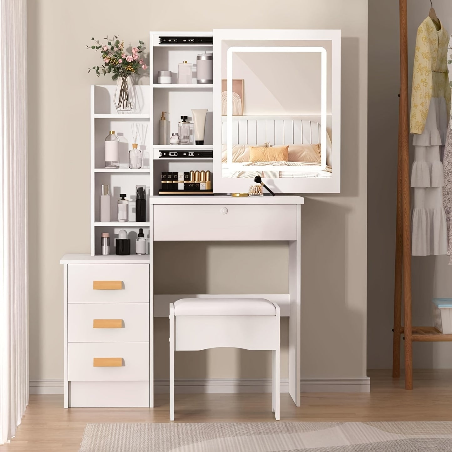 Dressing Table White with Sliding Mirror, USB Make Up Lights And Chair, Dressing Table with 4 Drawers And Stool, Cosmetic Table with 5 Open Compartment, Easy to Assemble, Modern Design, Gift for Daughter Girlfriend And Wife