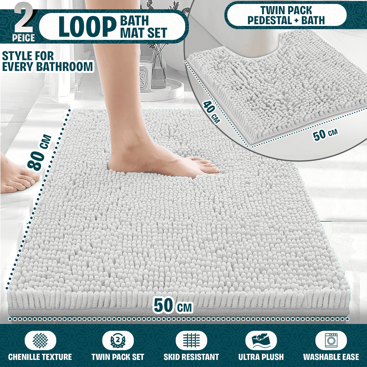 2-Piece Loop Bathroom Mat Set | Soft Chenille Microfiber Rugs with Non-Slip Backing | Machine Washable | Includes 50x80cm Bath Mat & 50x40cm Pedestal Mat | Stylish, Comfy & Durable | UK STOCK | LOCAL WAREHOUSE