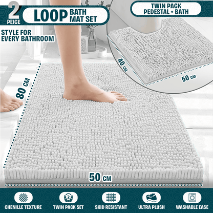 2-Piece Loop Bathroom Mat Set | Soft Chenille Microfiber Rugs with Non-Slip Backing | Machine Washable | Includes 50x80cm Bath Mat & 50x40cm Pedestal Mat | Stylish, Comfy & Durable | UK STOCK | LOCAL WAREHOUSE