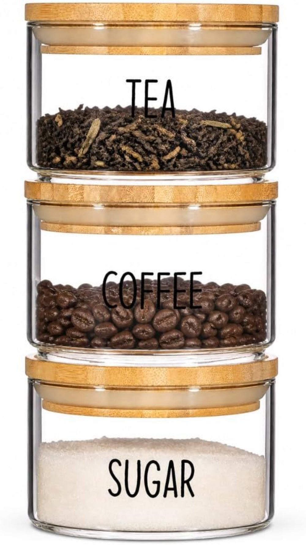 Stackable Glass Storage Jars with Airtight Bamboo Lids Set of 3 – Clear Kitchen Canisters for Tea, Coffee, Sugar & Pantry Organisation