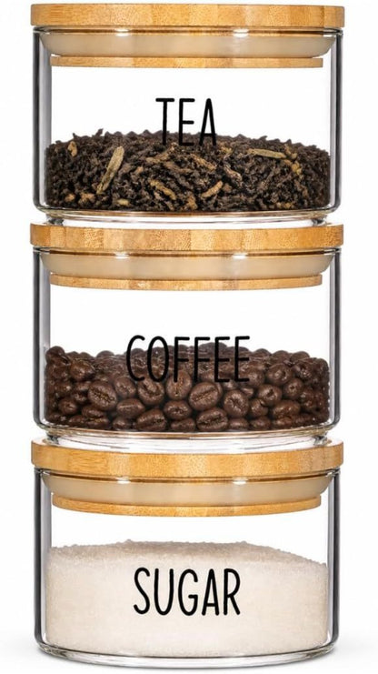 Stackable Glass Storage Jars with Airtight Bamboo Lids Set of 3 – Clear Kitchen Canisters for Tea, Coffee, Sugar & Pantry Organisation