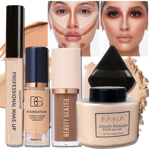 [Face Base Kit] 5pcs/Set Complete Face Base Kit - High-Coverage Concealer, Lightweight Liquid Foundation, 3D Contouring Cream, Oil-Control Loose Powder And Soft Puff - Long-Lasting Matte Flawless End Set