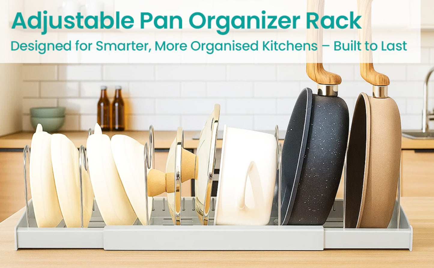 Expandable Pan Lid Organiser Rack 7/10 Adjustable Dividers, Anti-slip Pantry Cupboard Organiser Kitchen Drawer Bakeware Plate Holders for Pots, Pans, Chopping Board, Saucepan, Baking Trays