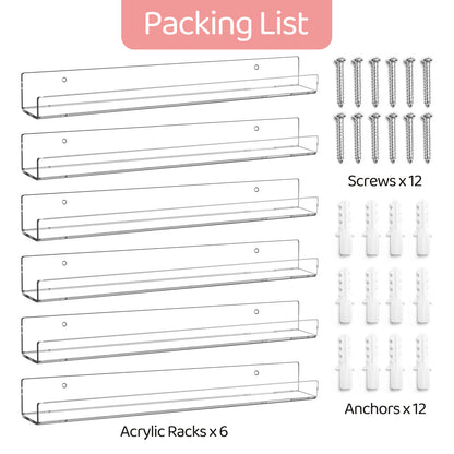 6-Pack Acrylic Nail Polish Organizer - 15" Wall Mounted Display Rack Holds 90 Bottles, Clear Floating Shelf for Makeup, Lipstick & Kids Books Storage (White)