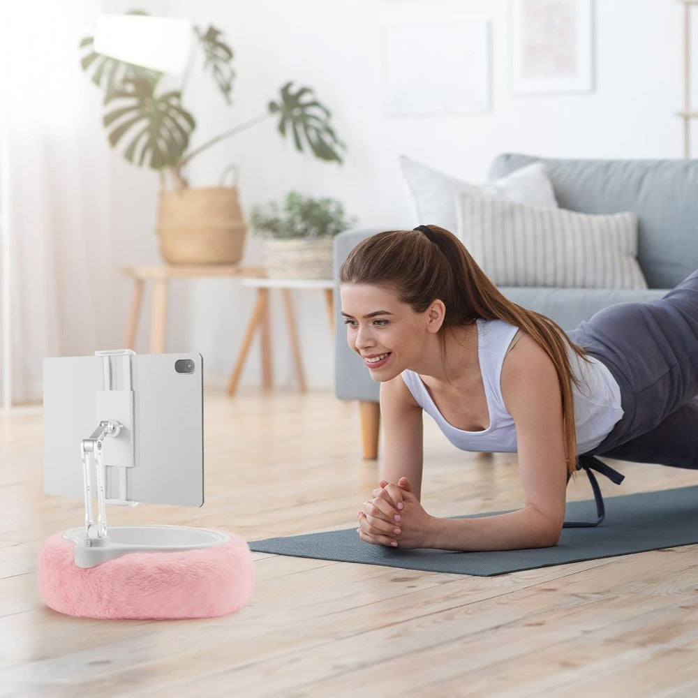Plush Pillow Tablet Stand Holder with Snack Bowl 360° Rotating Clip 180° Foldable Arm for iPad Kindle iPhone 4.7–9.8 Inch – Hands-Free Lap Cosy Reading Stand for Bed Sofa Car Pink