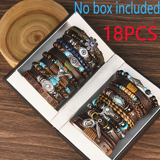 18pcs Vintage Western Style Adjustable Multi-Layer Handmade Beaded Bangle Bangle Bracelet Set