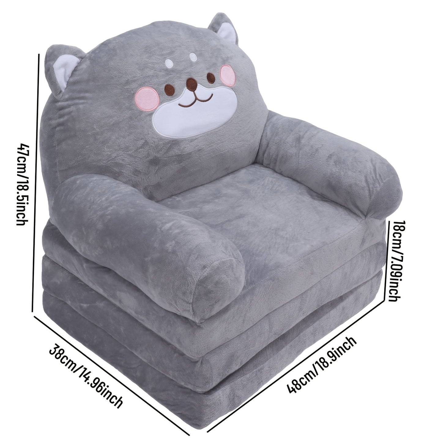 Cozy Kid Folding Sofa, Plush, Washable Lounge Chair for Playroom & Nursery, Gray Dog Style Foldable Wide Handle Soft Breathable Toddler Chair for Reading Relaxing Sleeping