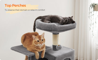 112cm Cat Tree Multi-Level Plush Tower Condo with 4 Scratching Posts, Hammock, Cave & Platforms – Stair-Step Design with Hanging Toys | Easy Assembly Indoor Cat Furniture | Pink White Beige Grey | UK