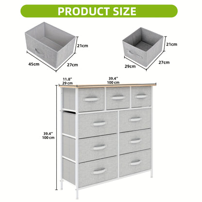 Nine-Drawer Fabric Storage Unit for Organizing Items in The Bedroom, Living Room, Hallway, Or Closets, Featuring a Robust Steel Frame And a Wooden Top