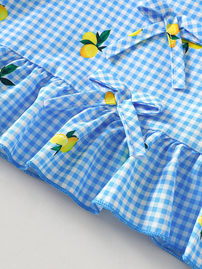 2pcs Set. Girls' Vest And Shorts Outfit, Lemon Print, Contrast Plaid Pattern, Bow Detail, Ruffled Hem. Summer Casual Outfit for Girls. Ideal Gift for 1-8 Year Olds. Suitable for Outdoor Wear