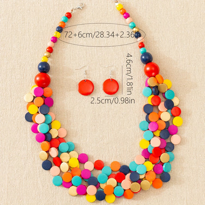 3pcs Bohemian Style Wooden Multi-Layer Necklace And Earrings 7 Colors Optional Women'S Jewelry Set