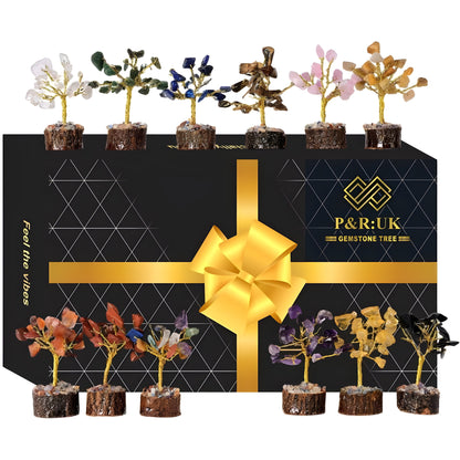 12pcs Crystal Tree Set Mini 7 Chakra Gemstone Trees Handmade Natural Stone Desk Decor Good Luck Gift for Women Home & Office Decoration