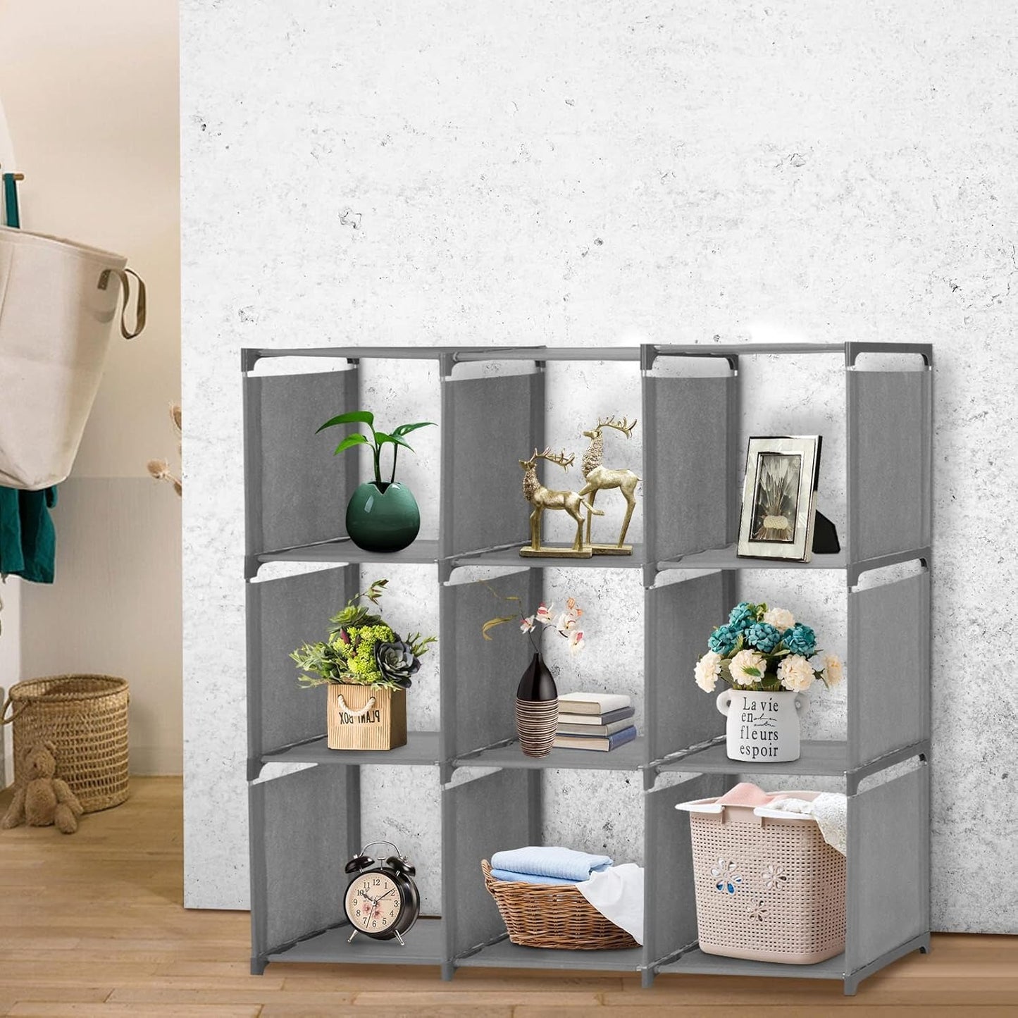 9 Cube Bookcase Ladder Cube Shelving Unit Bookshelf Cube Shelves Under Stairs Storage Unit Cube Storage Organiser For Living Room Bedroom Books Toys Clothes Tools Grey