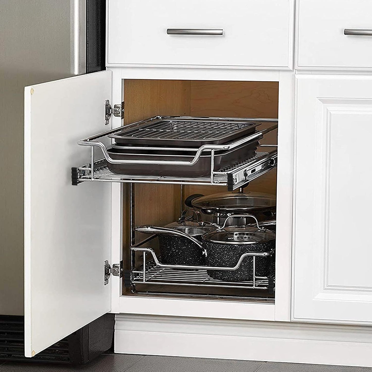 Slide-Out Wire Storage Baskets - Set of 2 or 4, Chrome Organiser Drawers for Kitchen Cabinets, Pantry & Bathroom (Fits Base Units)