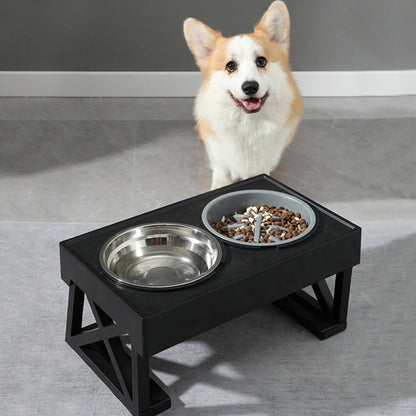 Elevated Dog Bowl Stand Height-Adjustable – Raised Feeder with Stainless Steel & PP Bowls for Small, Medium & Large Dogs, Anti-Slip Feeding Station, 45x26x27.5cm, Black