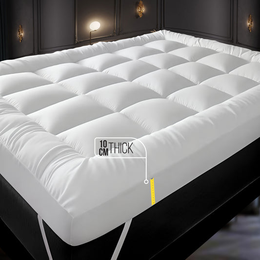 Hotel Quality 10cm Thickness Mattress Topper and Deep Fitted Elastic Corners – Luxury Mattress Topper for All Season and all size available Single, Double, Small Double, King and Super King. 4 Pack Pillow Protector Available for Matching Set