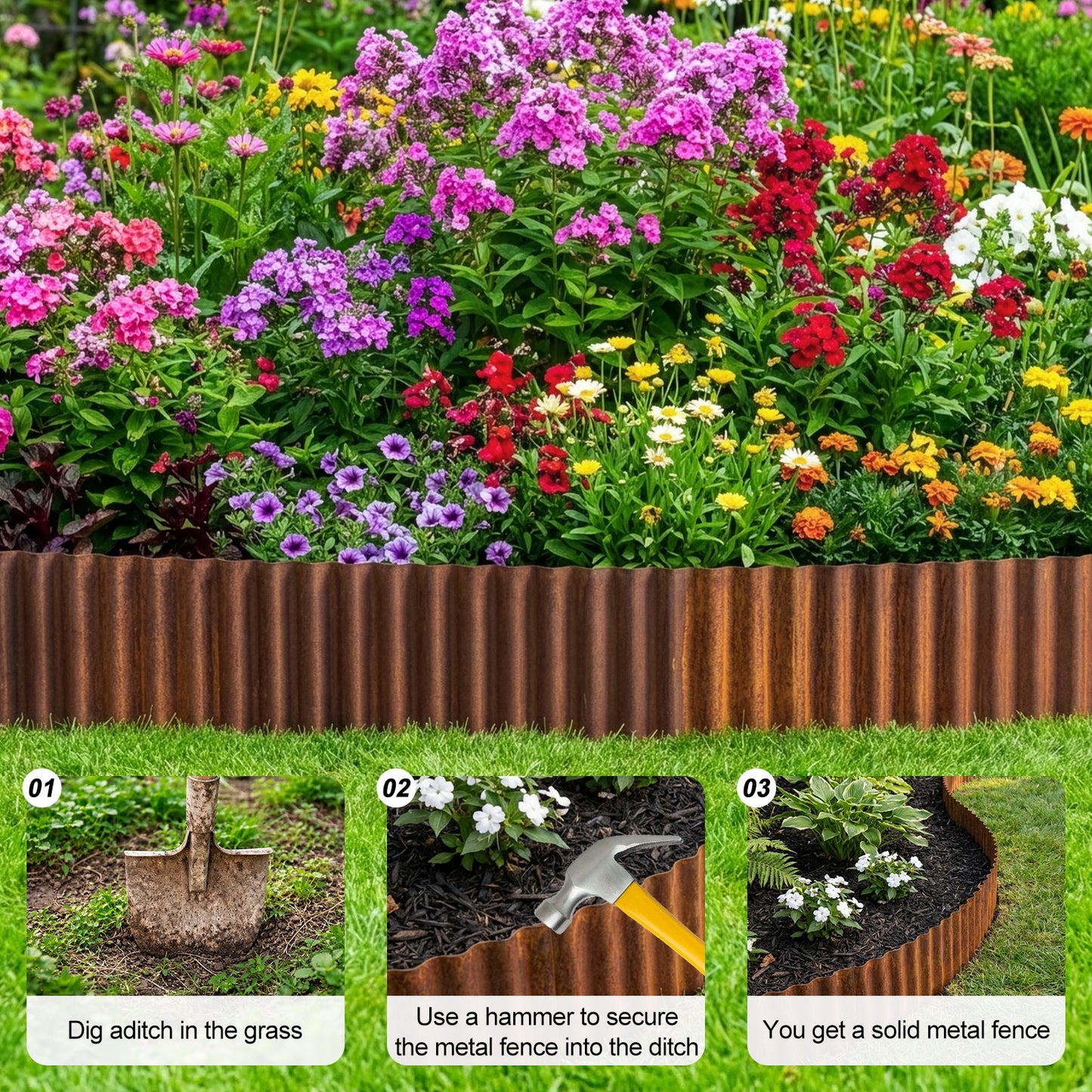 Heavy-Duty Weatherproof Steel Garden Trim Edging - Rustic Landscape Border with Safe Rounded Edges, Easy to Cut & Install - Pre-Rusted Corrugated Metal Fence for Flower Beds, Pathways, Patios - Available in Heights - Outdoor Yard Decoration, Pathway Divid