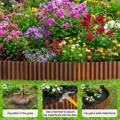 Heavy-Duty Weatherproof Steel Garden Trim Edging - Rustic Landscape Border with Safe Rounded Edges, Easy to Cut & Install - Pre-Rusted Corrugated Metal Fence for Flower Beds, Pathways, Patios - Available in Heights - Outdoor Yard Decoration, Pathway Divid