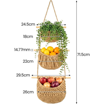 Boho Chic 3-Tier Wall Hanging Storage Basket - Handwoven Rope Organizer for Fruits, Vegetables & More - Easy Install, Versatile Home Decor, Storage Basket