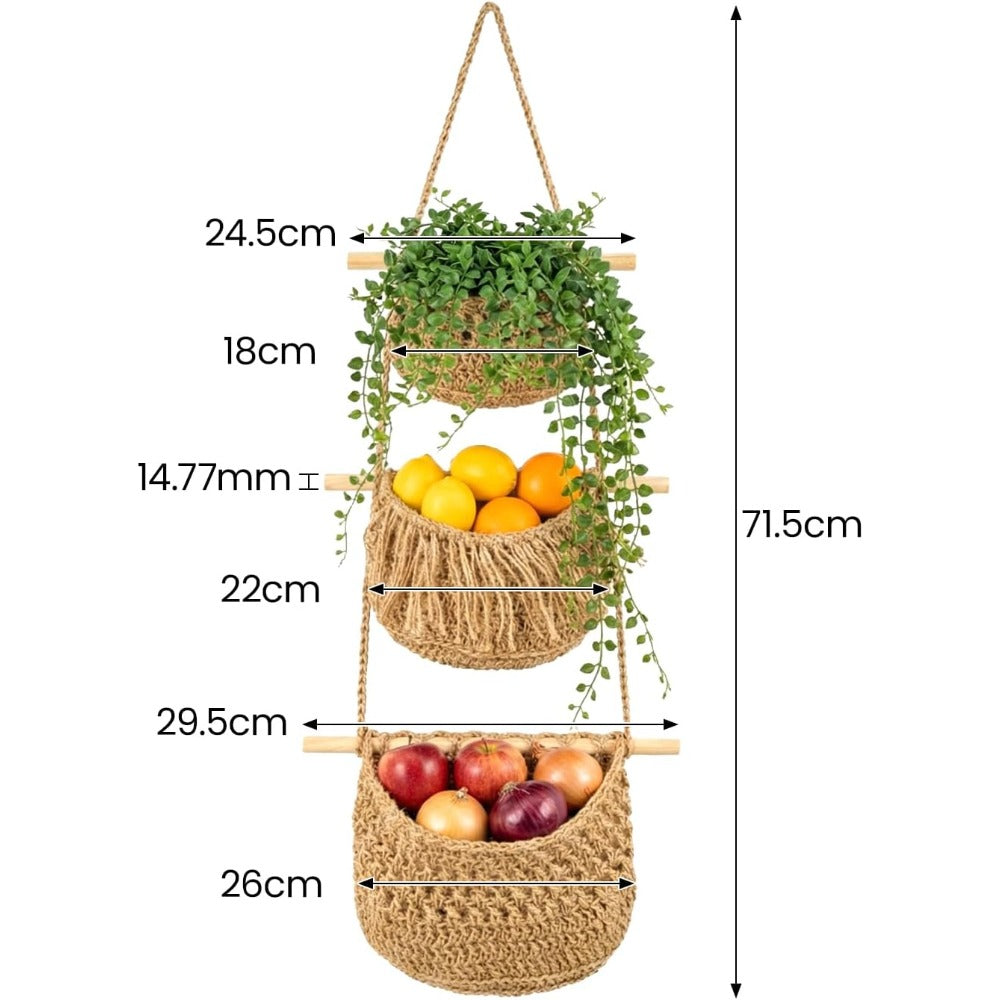 Boho Chic 3-Tier Wall Hanging Storage Basket - Handwoven Rope Organizer for Fruits, Vegetables & More - Easy Install, Versatile Home Decor, Storage Basket
