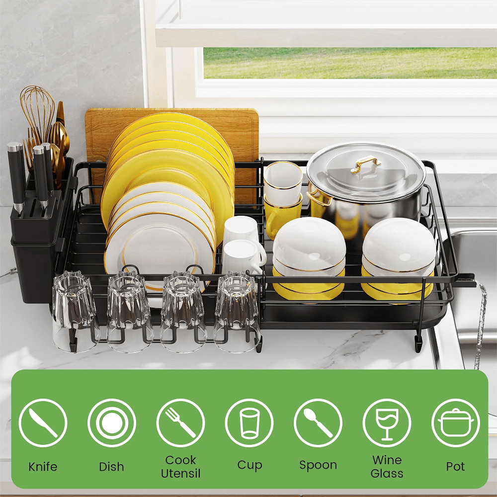 1pc Expandable Dish Drainer Rack Adjustable Dish Rack Foldable Dish Drying Rack with Removable Cutlery Holder Swivel Drainage Spout Anti-Rust Plate Rack for Kitchen Black