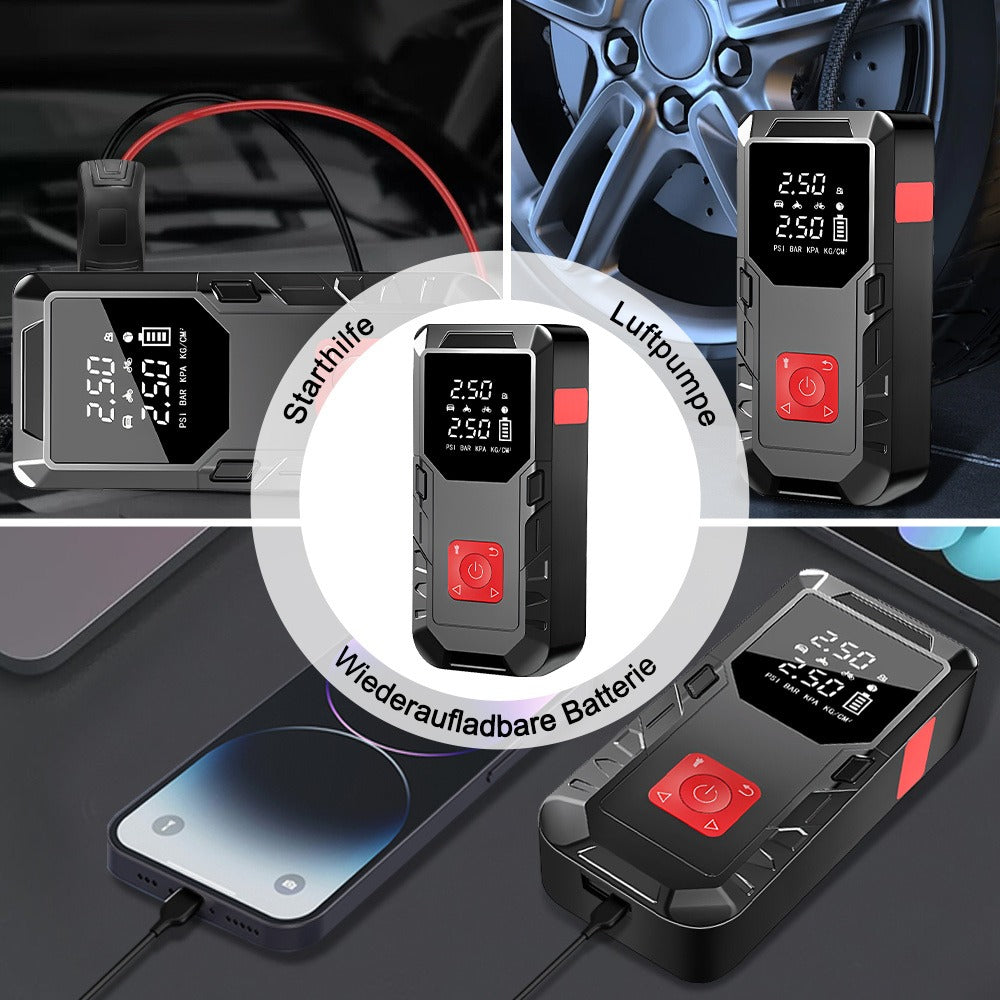 Car Jump Starter and Tyre Inflator 150PSI Emergency Kit with LED Light 12V Power Bank for Petrol Diesel Cars Travel and Camping