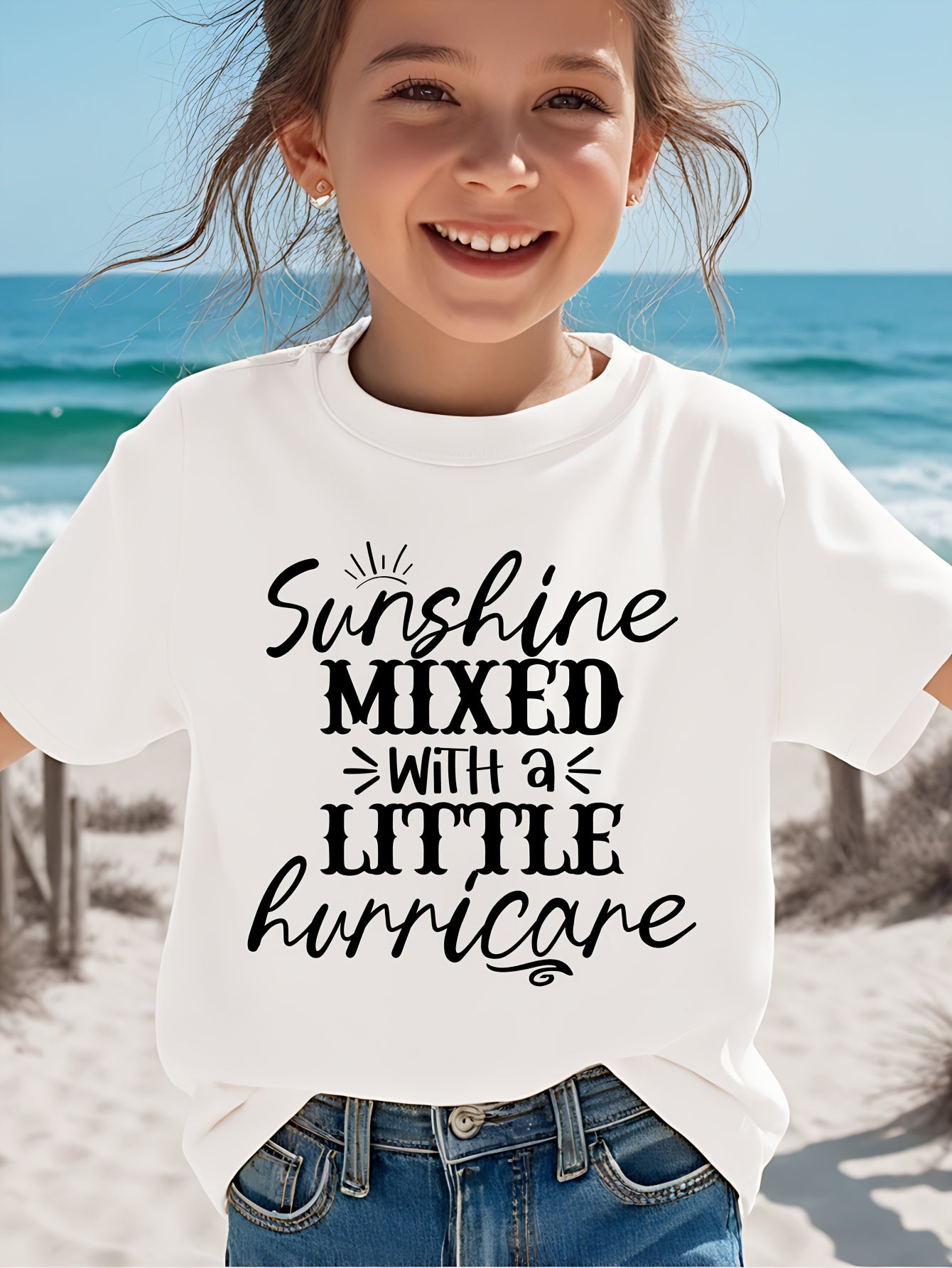 Girl Sunshine MIXED with a LITTLE Hurricane Simple Letter Print Short Sleeve Casual Versatile T-shirt