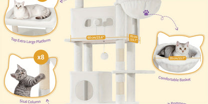 Cat Tree for Indoor Cats, 210cm Large Tall Cat Tower, Multi-Level Cats House with Condo, 8 Scratching Posts, Hammock, 4 Pom Poms